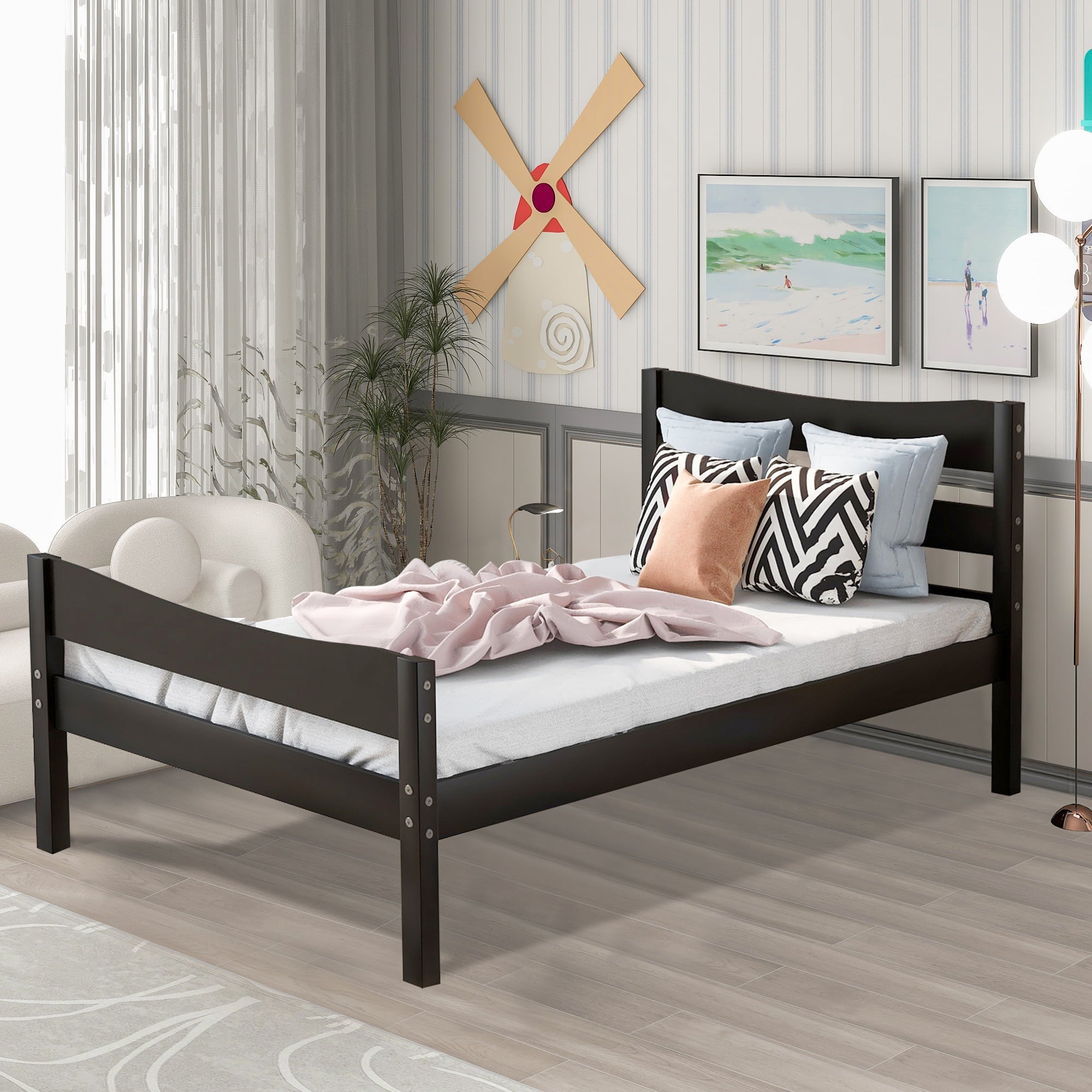 BTMWAY Wood Twin Bed Frame for Kids Adults, Solid Wood Platform Bed Frame with Headboard and Footboard, Modern Twin Size Bed Frame with Wooden Slats Support, No Box Spring Needed, Espresso