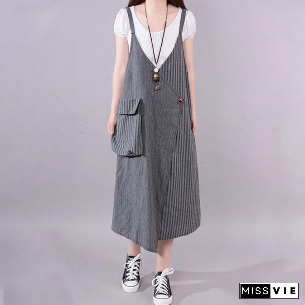 fashion long cotton blended dress Loose fitting Casual Summer Stripe Big Pocket Loose Suspender Gray Dress