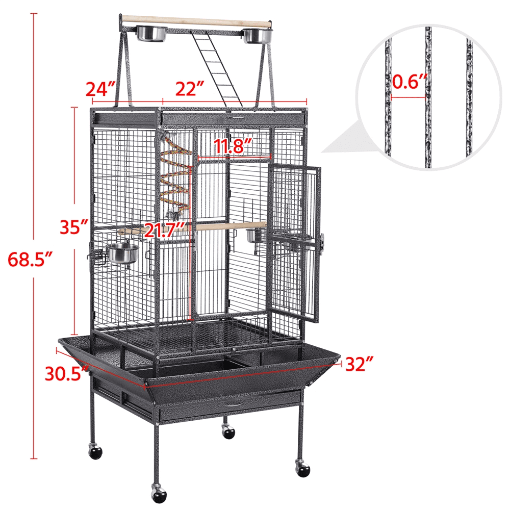 68.5inch Play Top Parrot Cage Rolling Bird Cage， Black