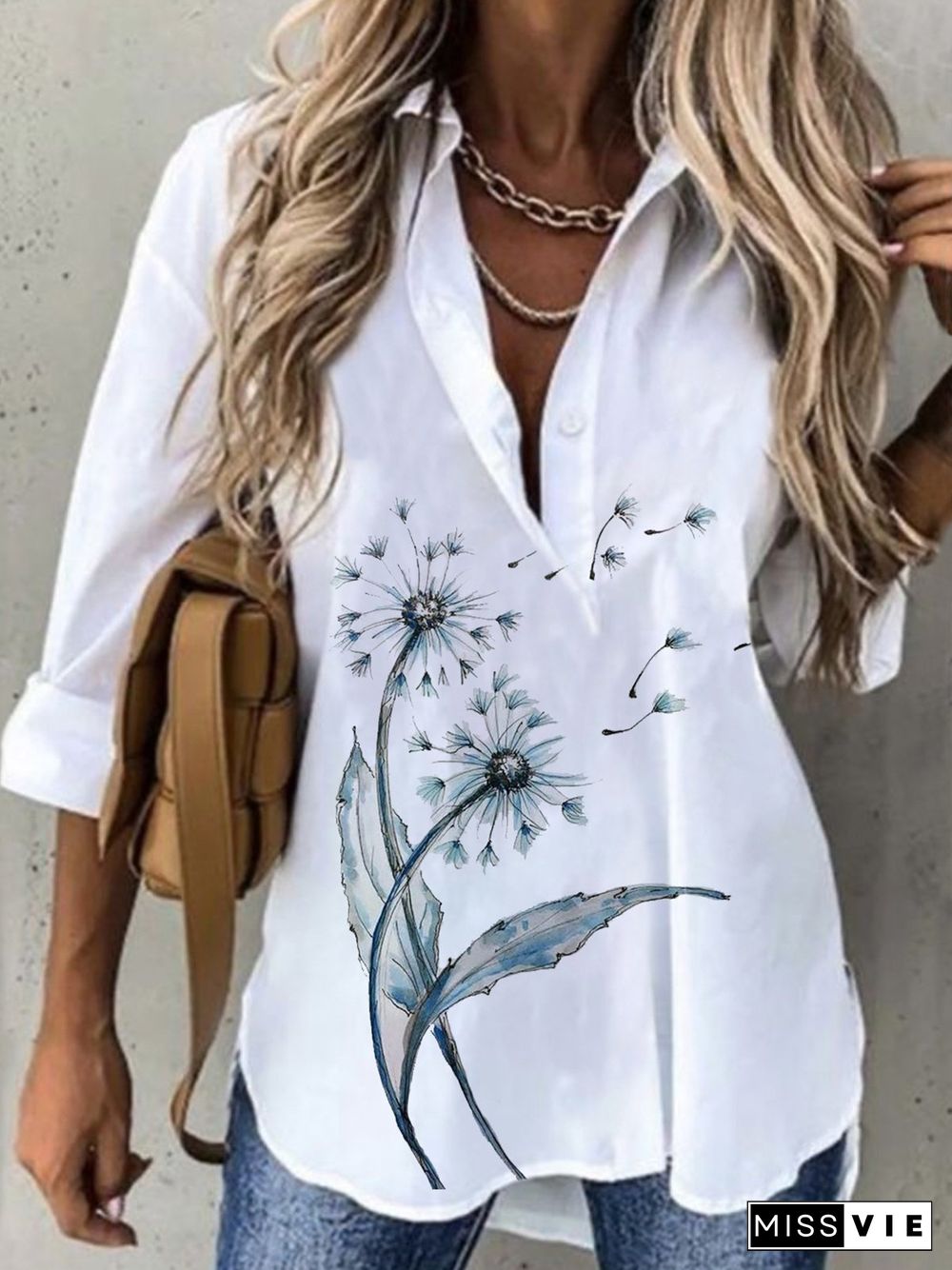 Casual Dandelion Long Sleeve Shirt Collar Plus Size Printed Tops