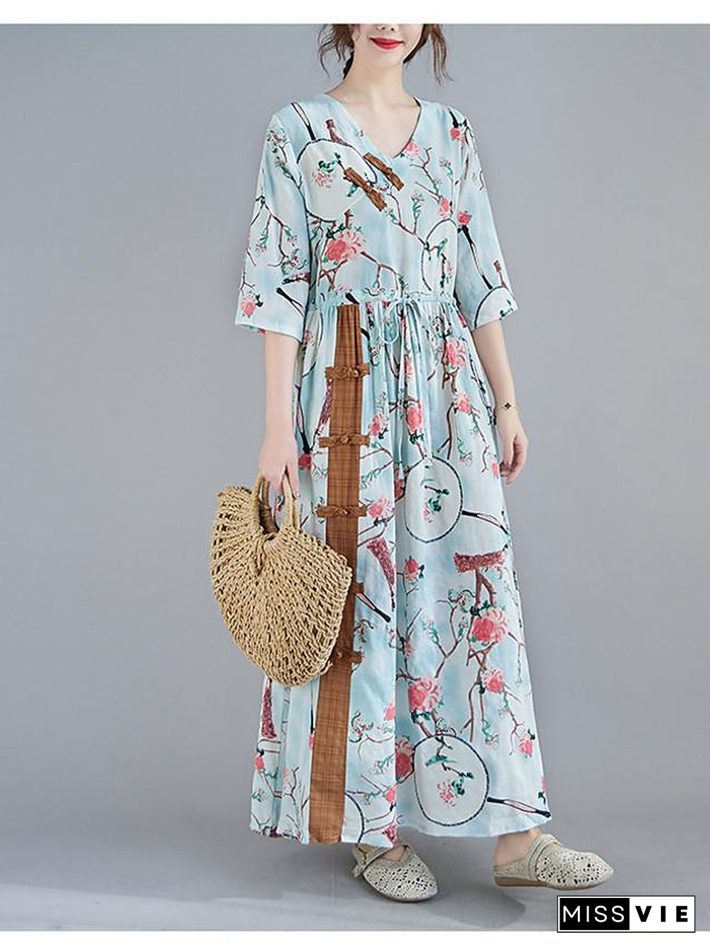 Women's Swing Dress Maxi long Dress 3/4 Length Sleeve Floral Spring Summer Casual Blushing Pink Light Blue M L XL XXL