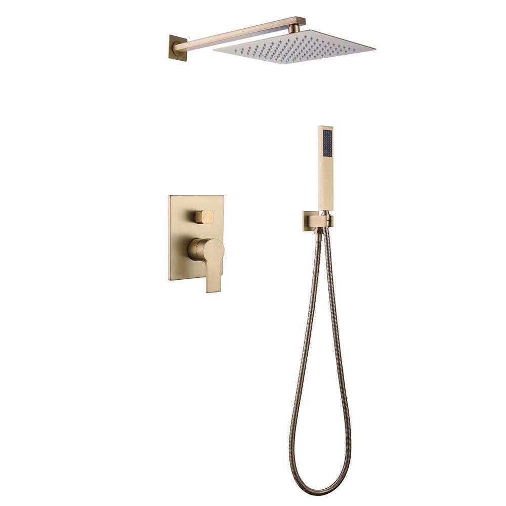 IHOMEadore 1-Spray Square Wall Bar Shower Kit with Hand Shower in Brushed Gold MD-RCS85018BG