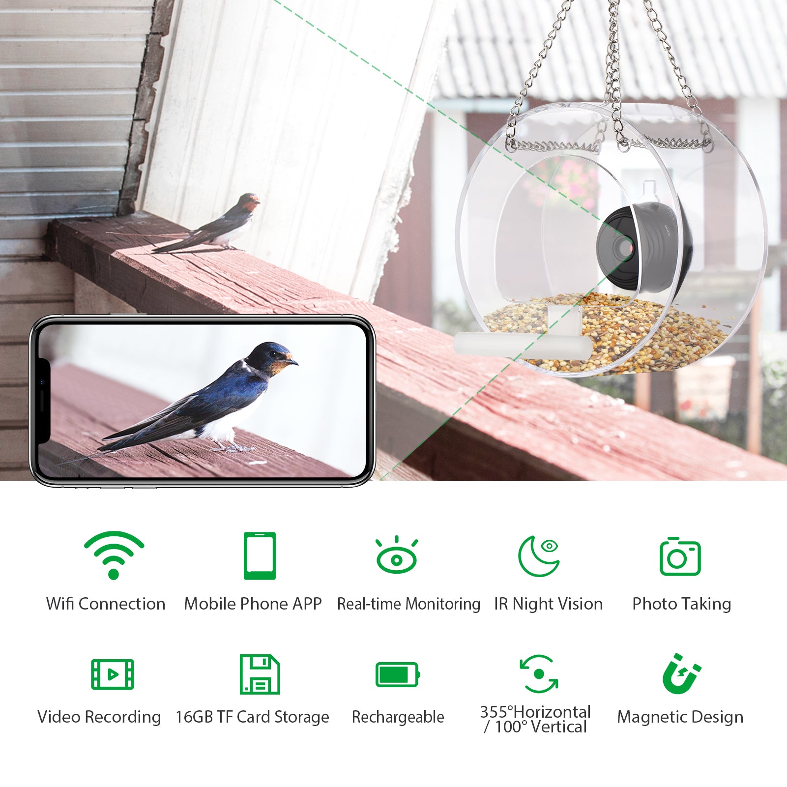 Docooler Clear Window Bird Feeder with Wifi Camera Suction Cup， Smart Transparent Round Birdfeeder with 16GB TF Card Photo Taking Video Recording IR Night Vision， Outside Birdhouse for Close Up View