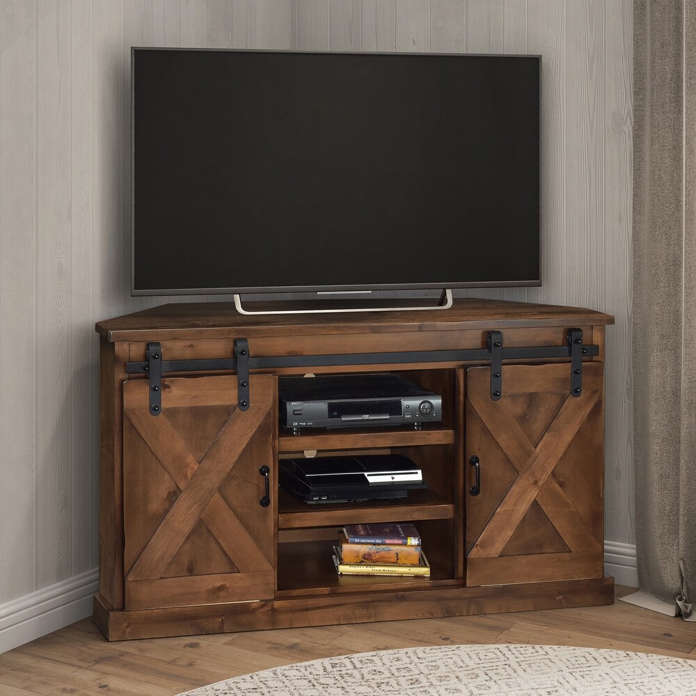 Bridgevine Home 56 in. No Assembly Required Aged Whiskey Finish Corner TV Stand  Holds TVs up to 65 in.