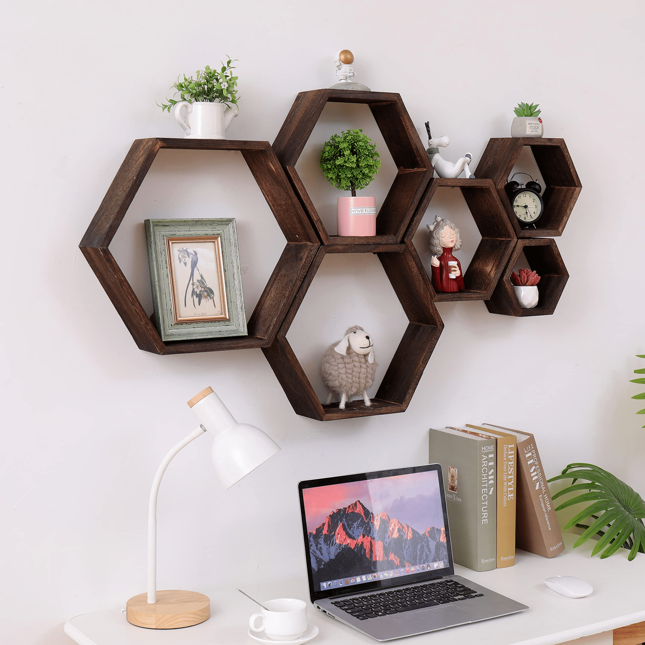 WONFUlity Hexagon Floating Shelves，Large Size Wall Mounted Wood Farmhouse Storage Honeycomb Wall 6 of Shelves , Hexagonal Decor Wall Shelves for Bedroom, Living Room, Office, Brwon