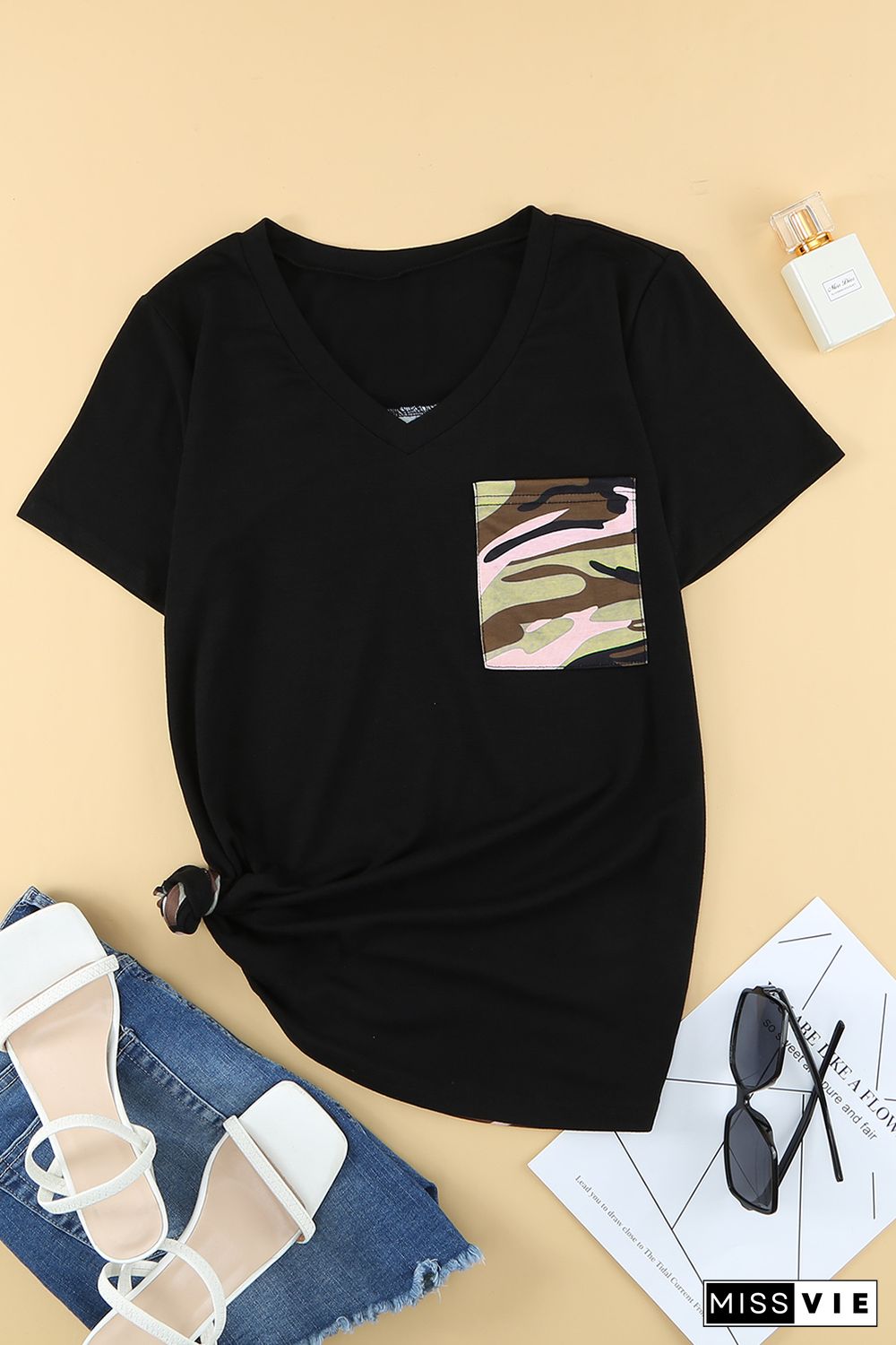 Black Women's Casual Camo Printed Splicing Pullover Pocket T-shirt