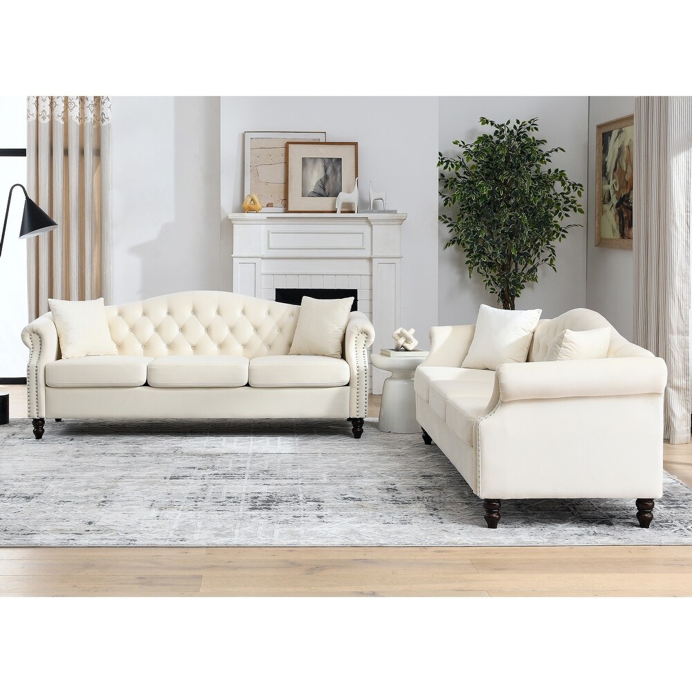 3+3 Seater Combination Sofa Set Velvet Chesterfield Sofa Nailhead Couches with Pillows and Removable Cushions for Livingroom