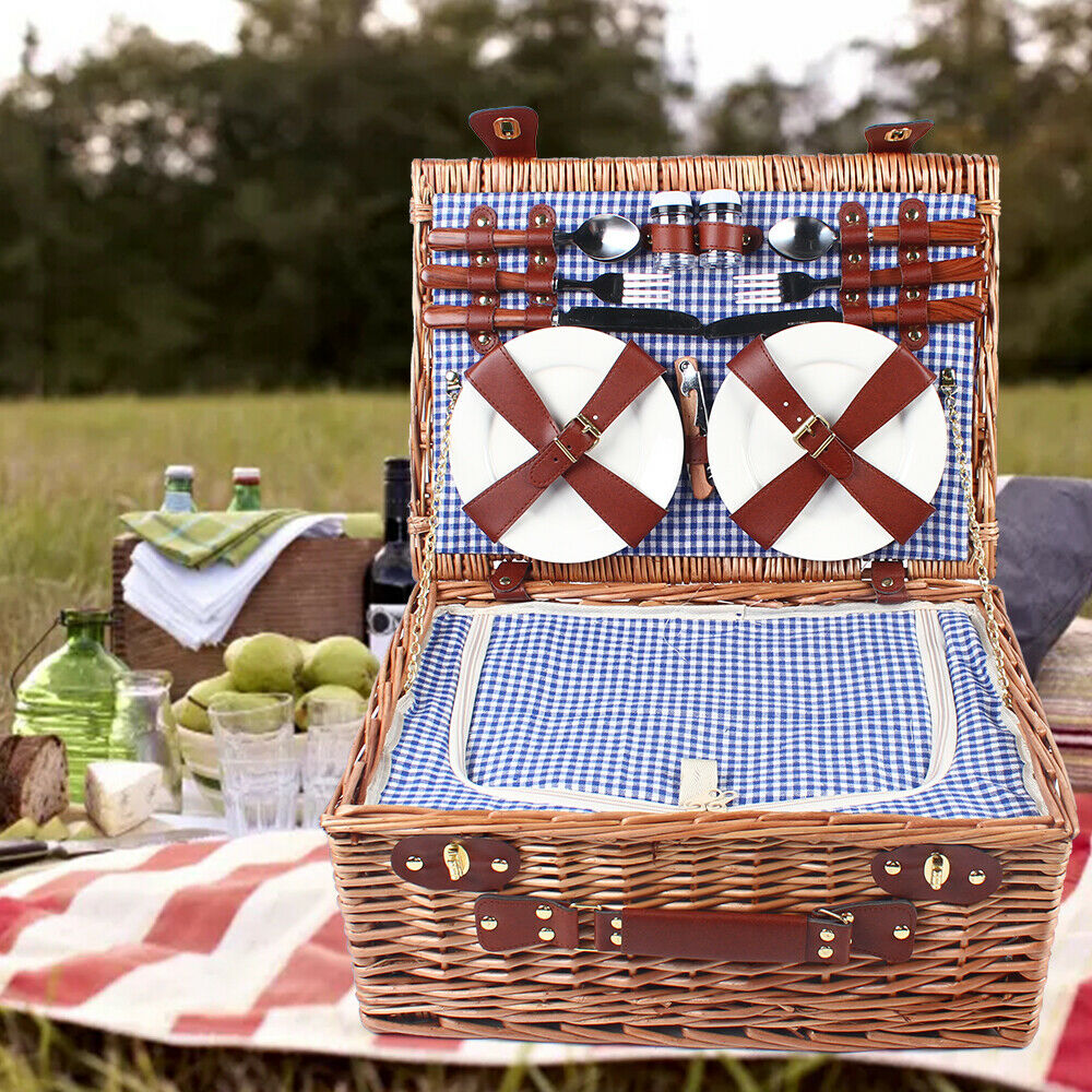 Picnic Basket Picnic Blanket Camping Essentials Outdoor Tableware and Ware Set Food Fruits Organizer for 4 Persons