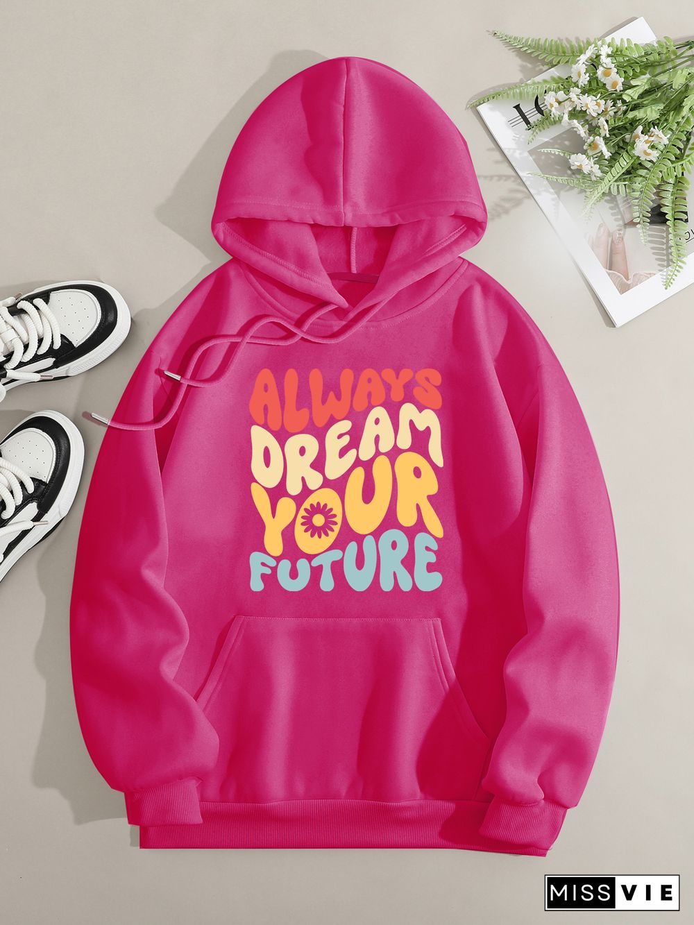 Printed on front Kangaroo Pocket Hoodie Long Sleeve for Women Pattern always dream your future