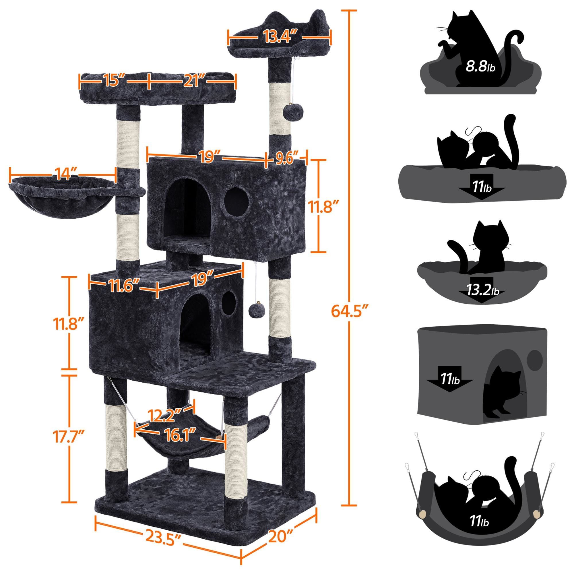 TOPEAKMART Black 4-Level Large Cat Tree for Small Cats， 64.5