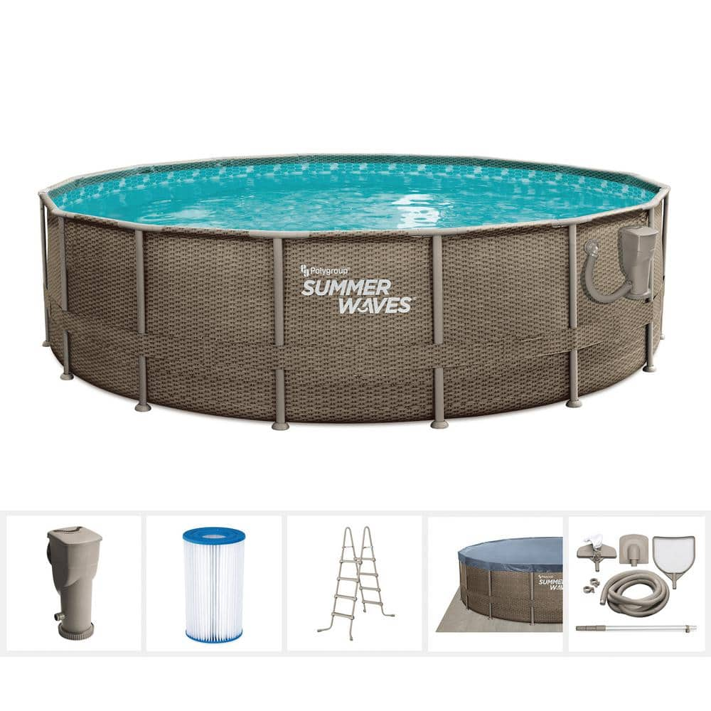 Summer Waves Elite Wicker Print 16 ft. Round x 48 in. Deep Metal Frame Pool Package with 1,500 GPH SkimmerPlus Filter Pump System P4N01648B