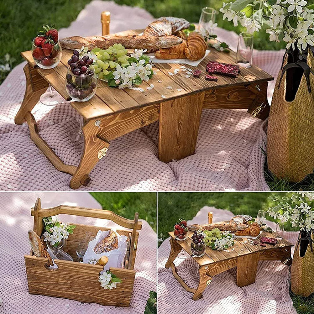 SANAG Folding Picnic Basket Table Portable Wooden Picnic Table Collapsible Table for Lawn Beach Indoor Outdoors Garden Travel