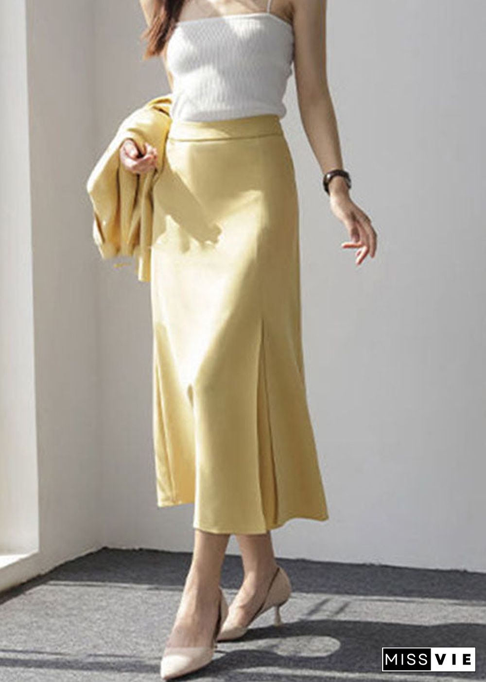 Yellow Front Open Cotton Maxi Skirt Wrinkled Spring