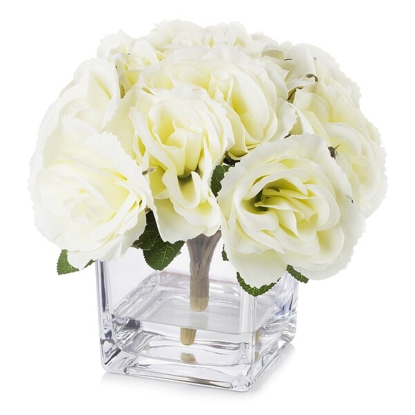 Enova Home Artificial Velvet Fake Roses Silk Flowers Arrangement in Cube Glass Vase with Faux Water for Home Decoration