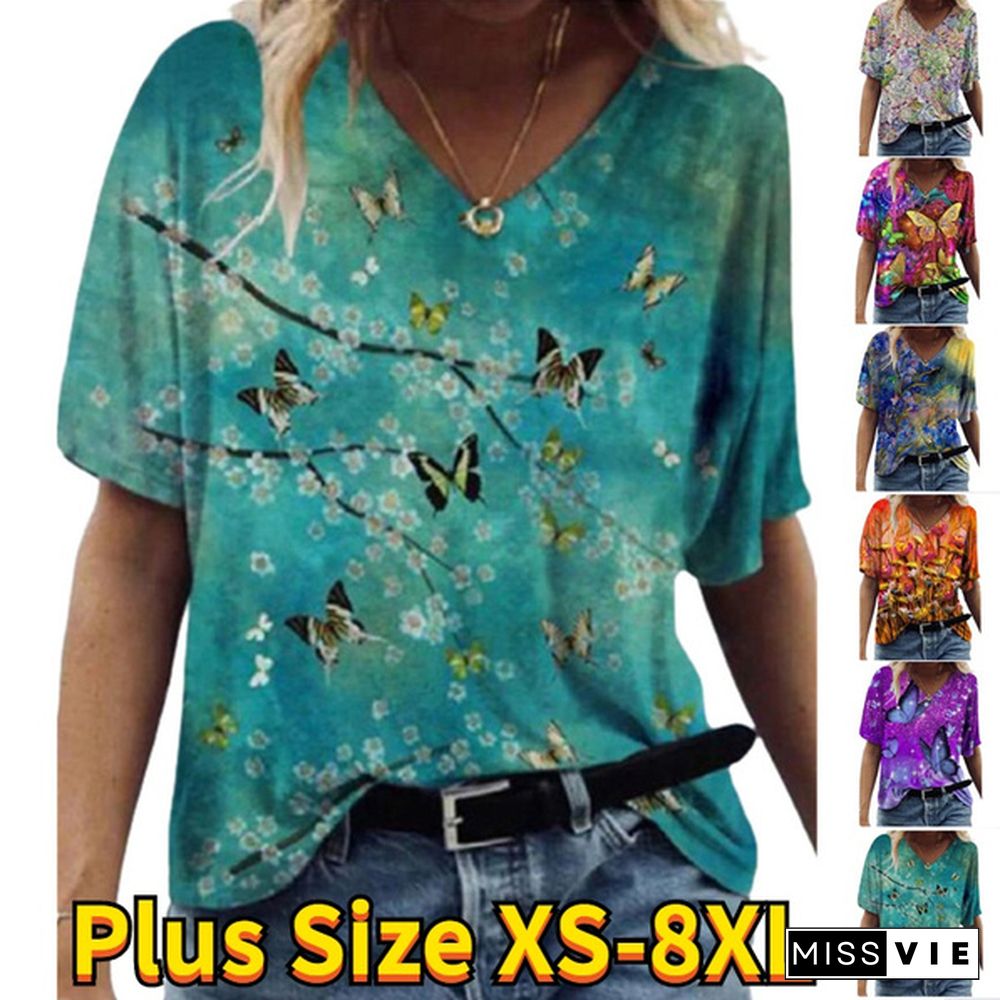 Women 3D Flower Print T Shirt Abstract Top Summer New Fashion Street Casual V-Neck Loose Tee Oversized Ladies Cotton Tops Plus Size XS-8XL