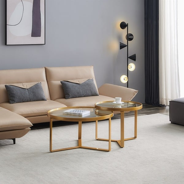 Modern Nesting Coffee Table Golden Metal Frame with Round Tempered Glass Tabletop