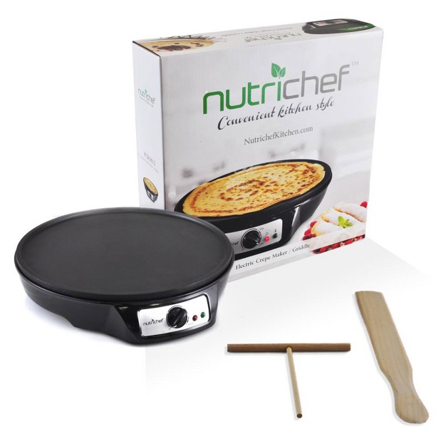 Nutrichef 12 Inch Electric Nonstick Griddle Pancake Crepe Injera Blitnz Maker Hot Plate Cooktop With Crepe Turner And Pastry Spreader Tools Black