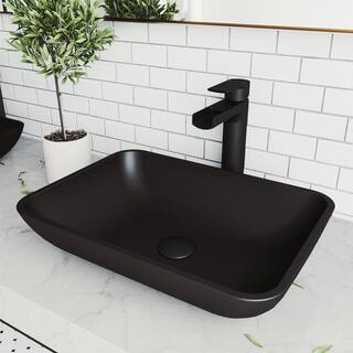 VIGO Sottile Modern Black Matte Shell Glass 19 in. L x 13 in. W x 4 in. H Rectangular Vessel Bathroom Sink VG07110