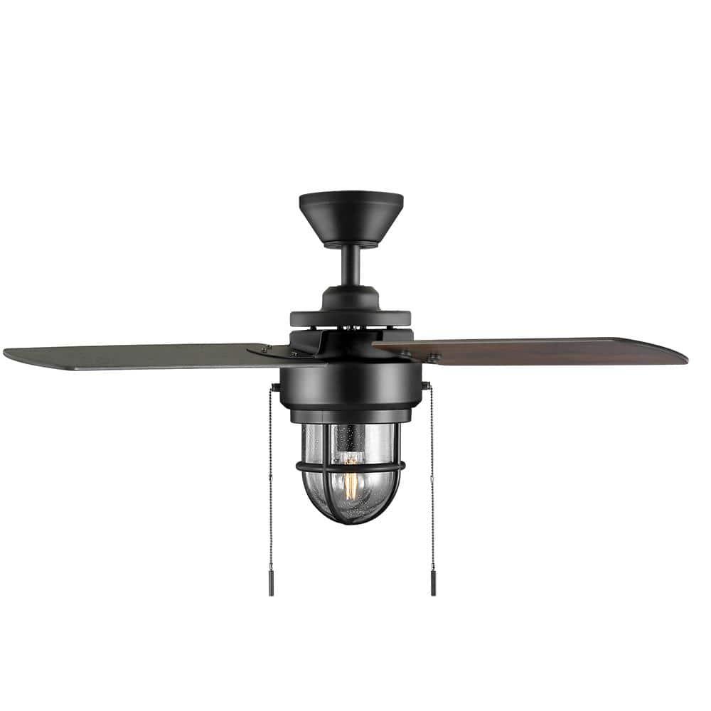 Hampton Bay Cedar Lake 44 in IndoorOutdoor LED Matte Black Damp Rated Ceiling Fan with Light Kit Downrod and 4 Reversible Blades