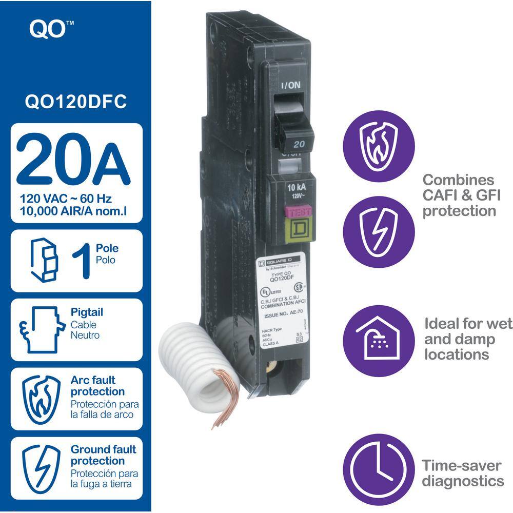 Square D QO 20 Amp Single-Pole Dual Function (CAFCI and GFCI) Circuit Breaker QO120DFC