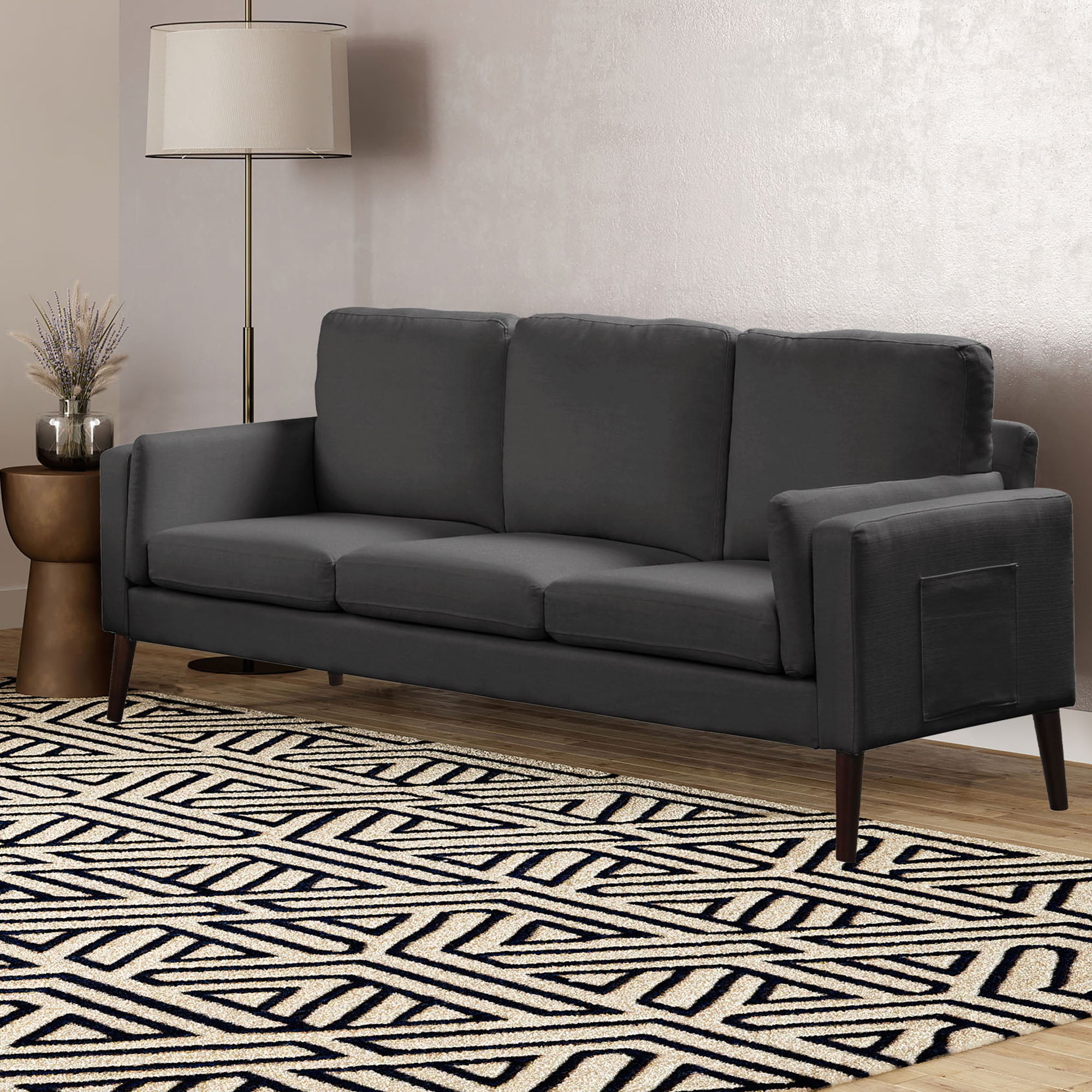 Elm & Oak Nathaniel Sofa with Side Pocket and USB Power, Black Upholstery