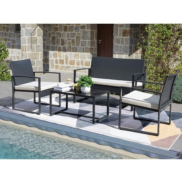 4 Pieces Patio Conversation Sets PE Rattan Chairs with Loveseat and Table - Overstock - 35765538