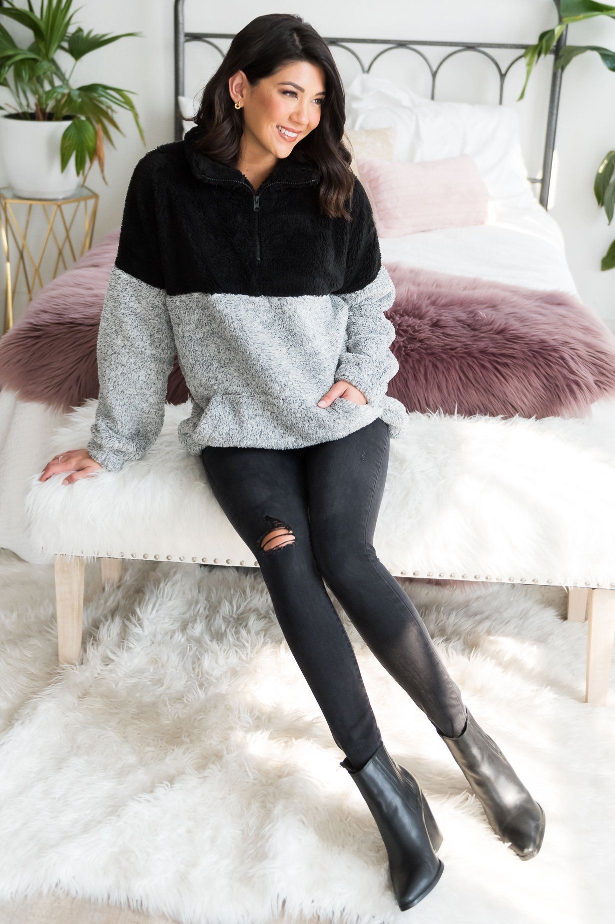 Fluffy Two Tone Pullover Sweater