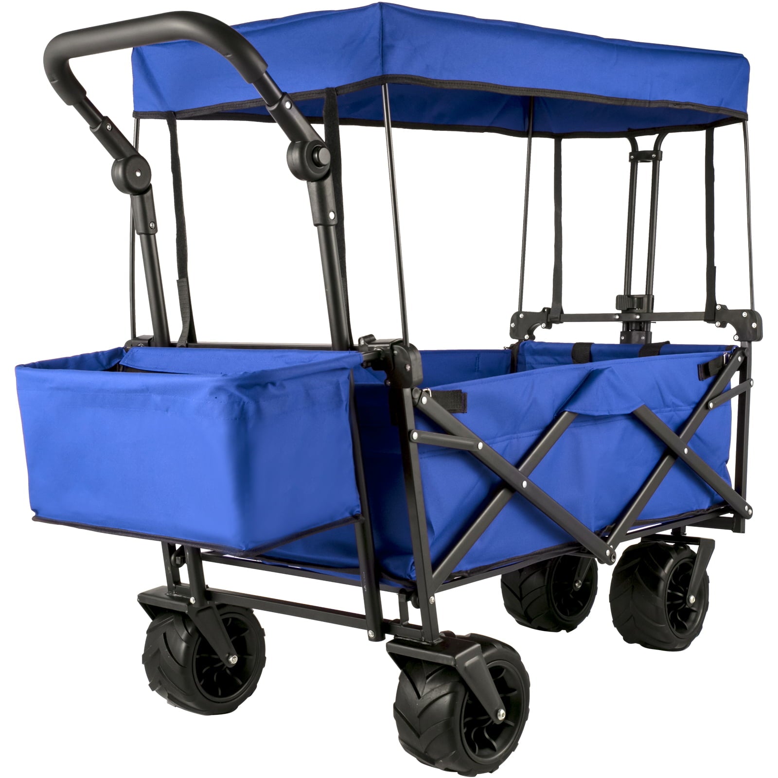 VEVORbrand Collapsible Wagon Cart Blue, Foldable Wagon Cart Removable Canopy 600D Oxford Cloth, Collapsible Wagon Oversized Wheels, Portable Folding Wagon Adjustable Handles, Beach, Garden, Sports