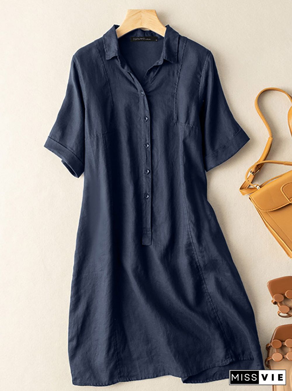 Solid Button Front Short Sleeve Lapel Shirt Dress