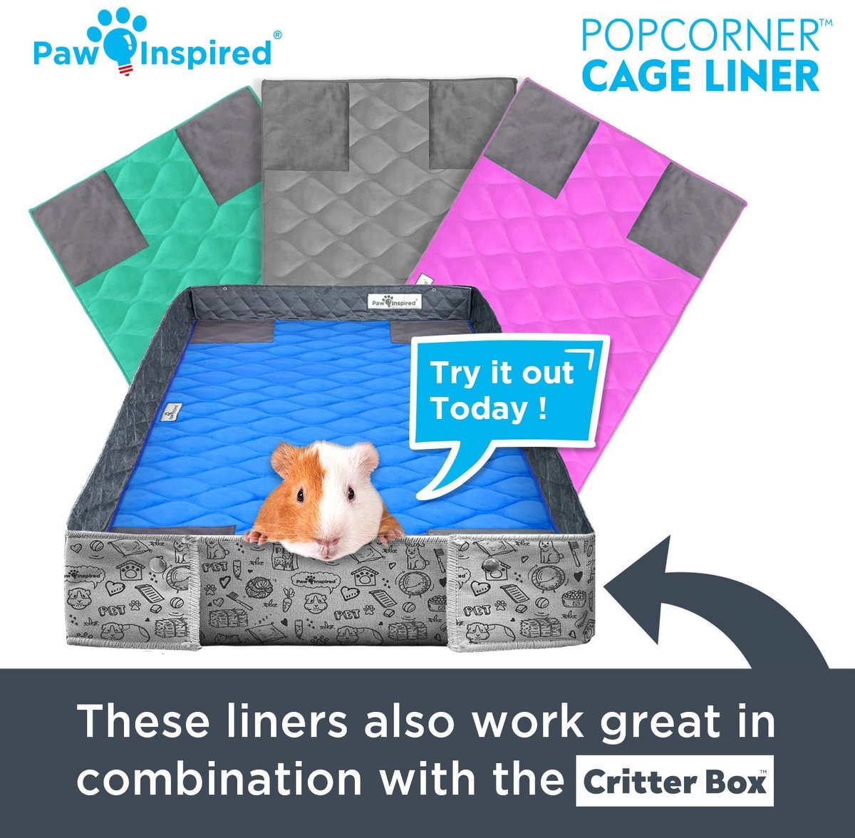 Paw Inspired PopCorner Washable Fleece Guinea Pig Cage Liners