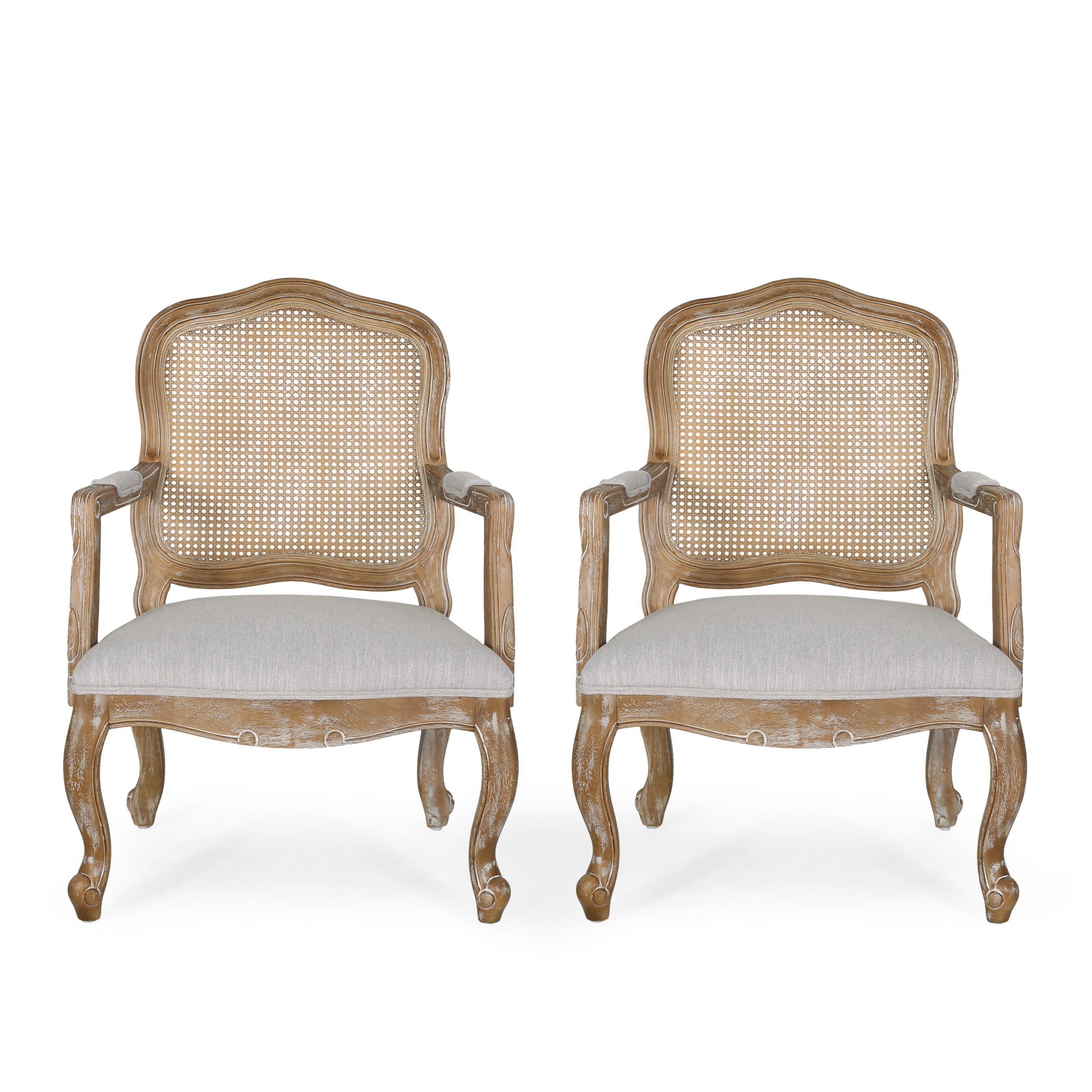 Biorn French Country Wood and Cane Upholstered Dining Armchair