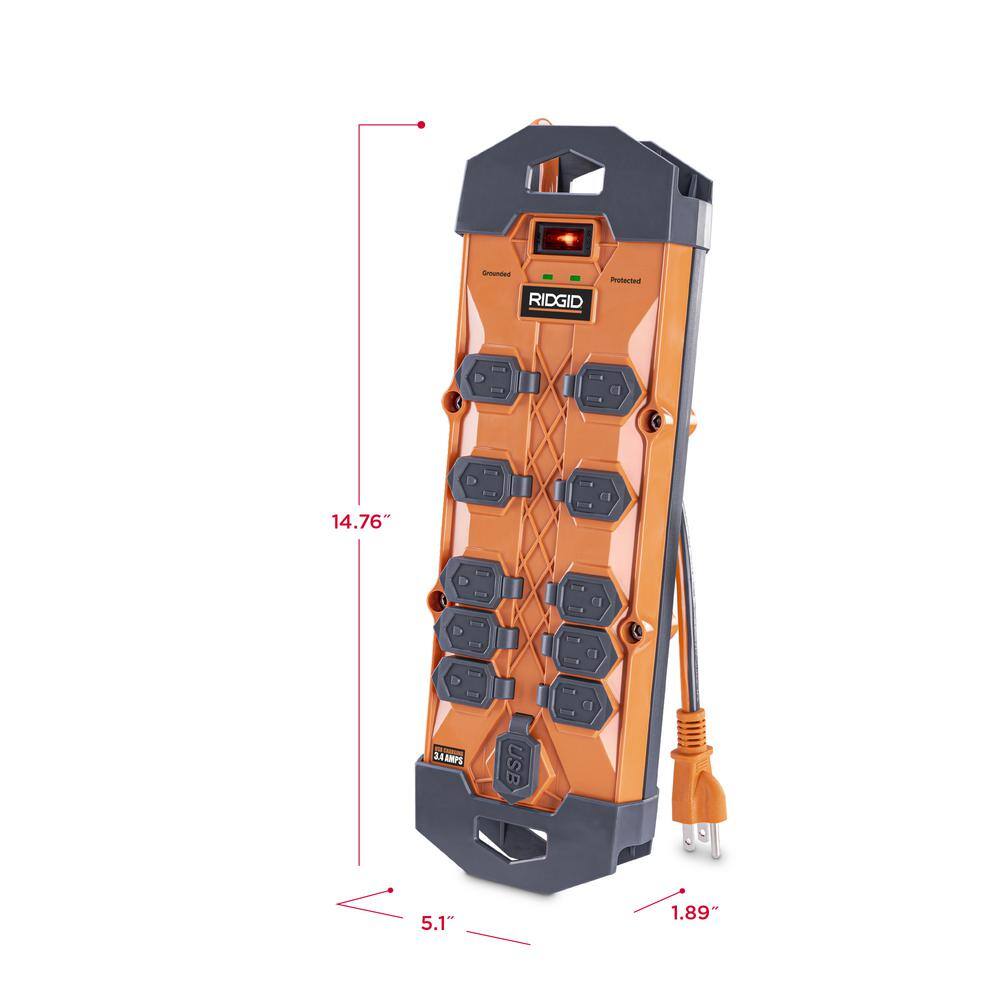 RIDGID 10 ft. Cord 10-Outlet 2 USB-A 4200J Surge Protector RG1010U