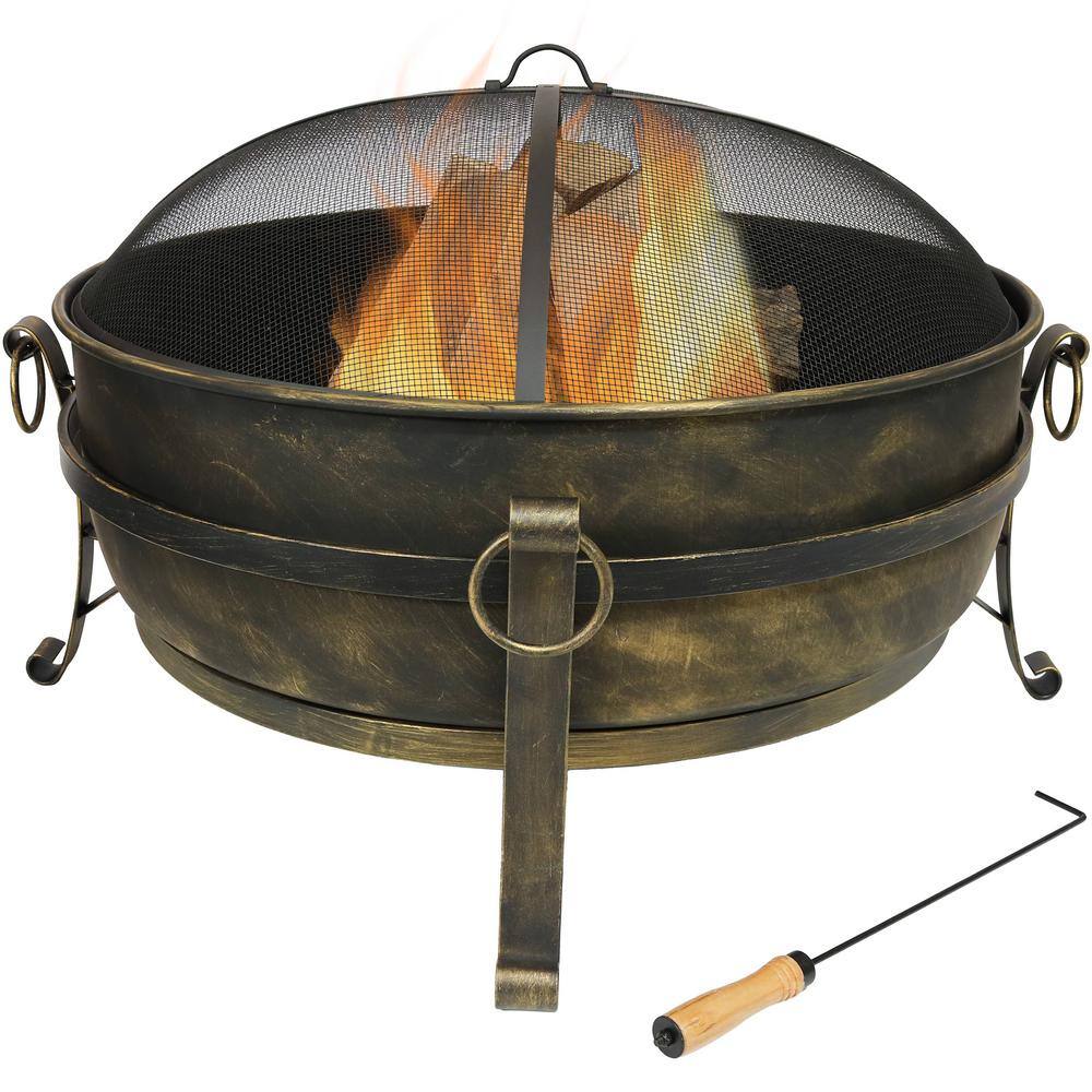 Sunnydaze Decor 34 in. x 23 in. Round Large Steel Cauldron Wood Fire Pit in Black with Spark Screen NB-CF34