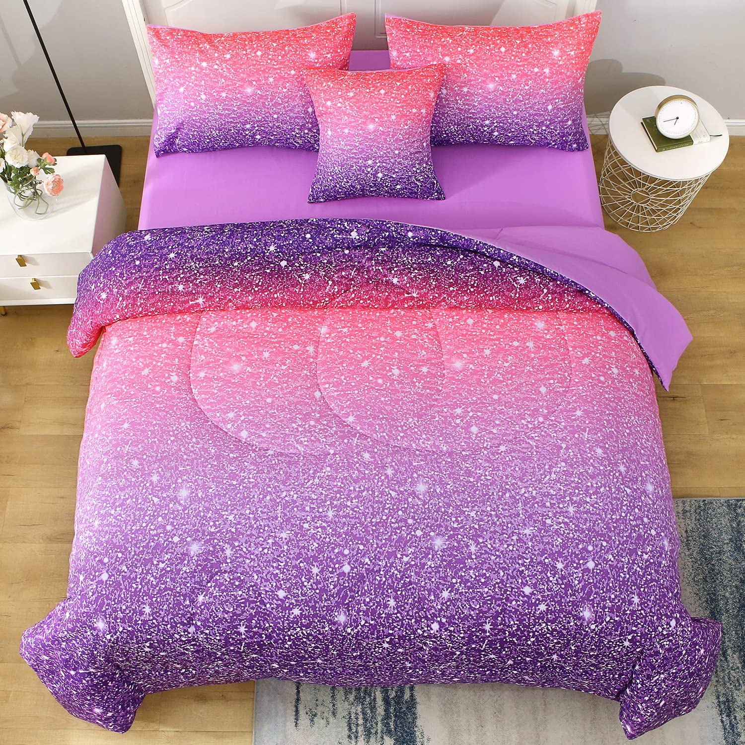 JQinHome Full Size Pink Purple Comforter Set ， 6 Piece Bed in A Bag 3D Colorful Bedding Set for Girls Women