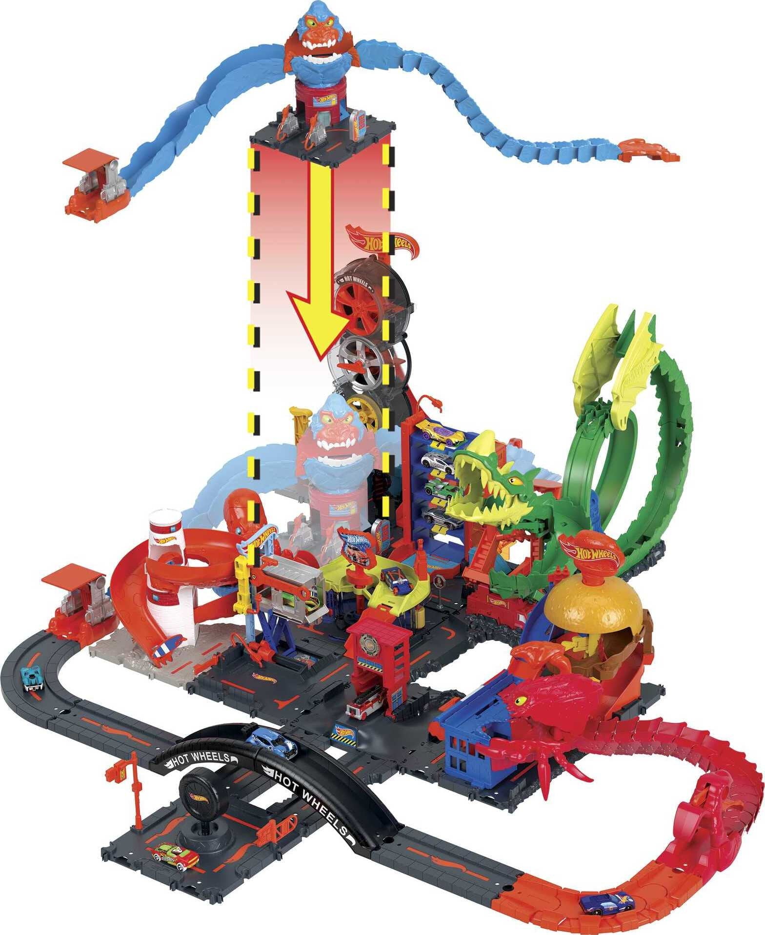 Hot Wheels Wreck and Ride Gorilla Attack Playset， Gas Station Set with 1:64 Scale Toy Car