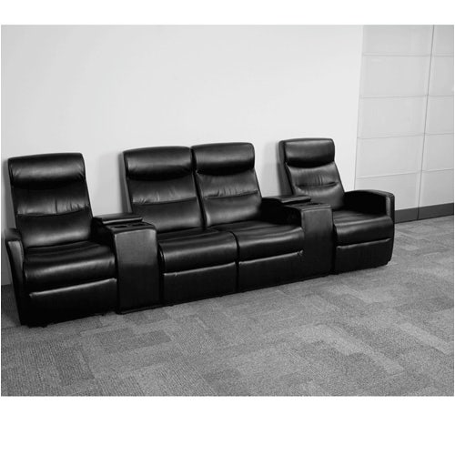 Anetos Series 4-Seat Reclining Black Faux Leather Theater Seating Unit with Cup Holders