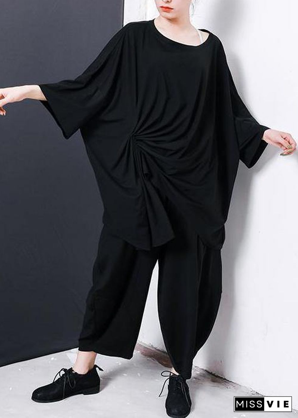 Women black Pakistani Irregular Design Unique cotton clothes For Pleated Solid Color T-Shirt