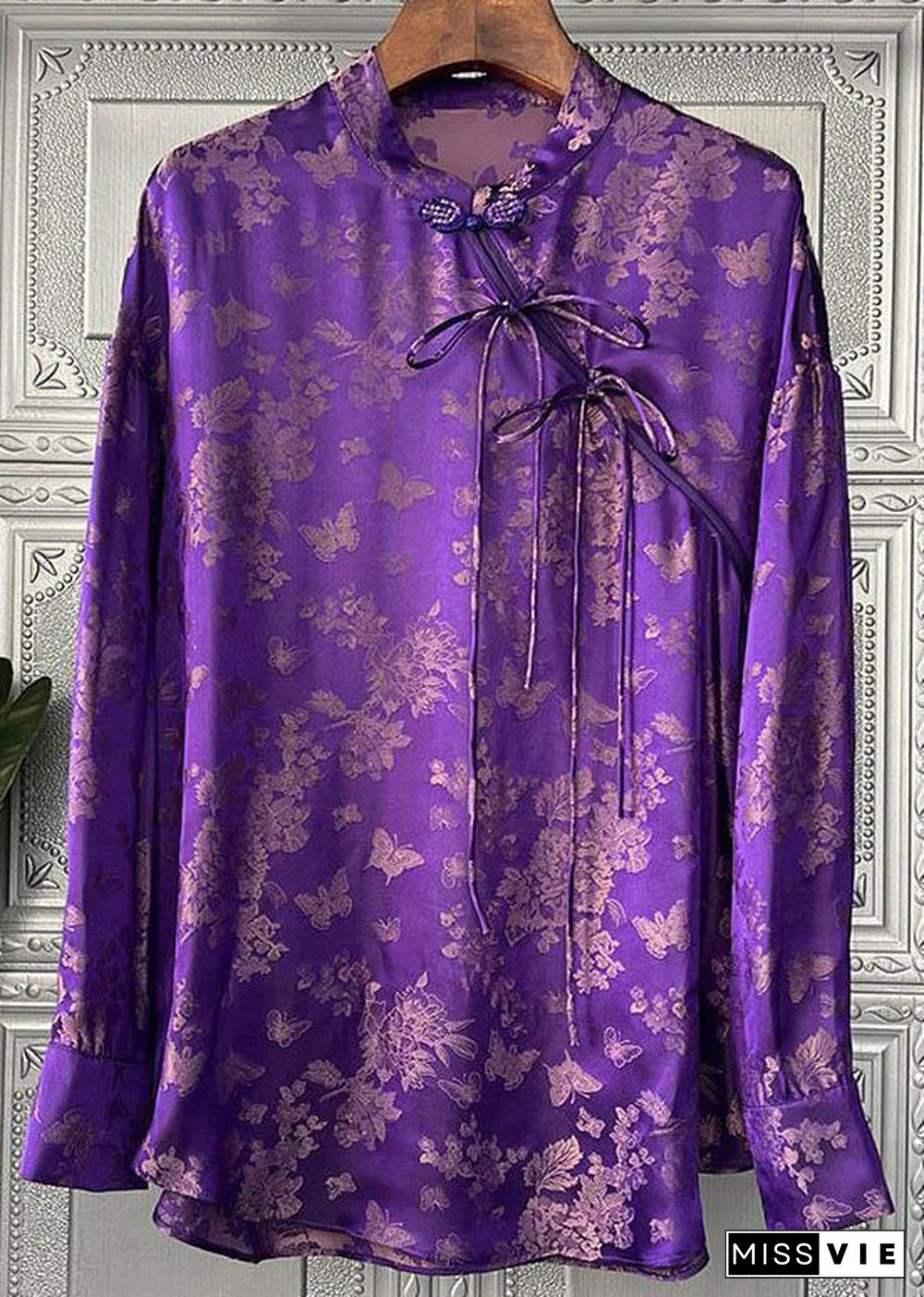 Women Purple Print Lace Up Patchwork Silk Shirts Long Sleeve