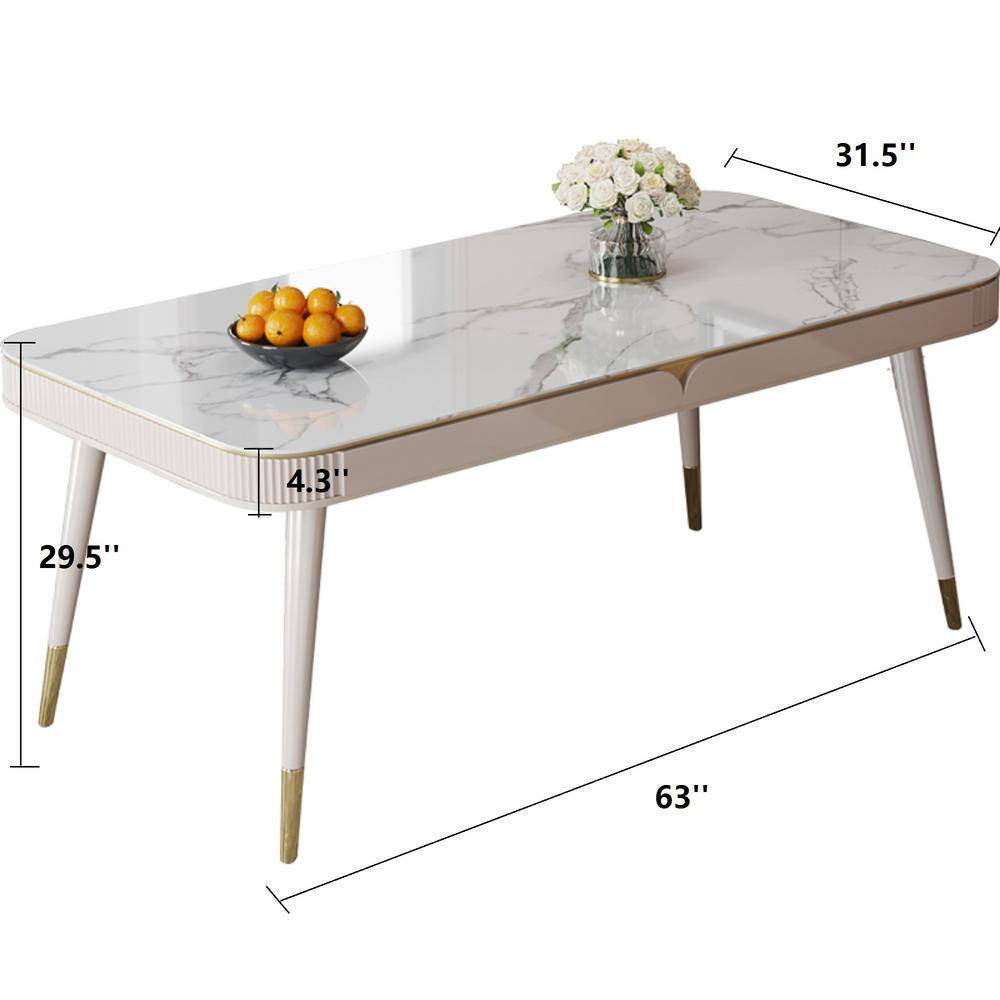 JASIWAY 63 in. Rectangle Beige Sintered Stone Top Dining Table with Solid Wood Legs (Seats 6) J-B2113T-BE