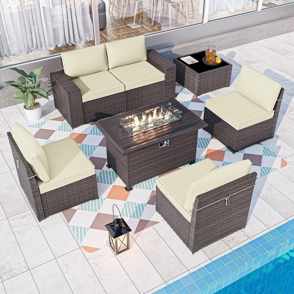 Kullavik 7 Pieces Rattan Outdoor Patio Furniture Sofa Set with Firepit