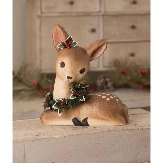 Christmas Sweet Fawn With Wreath One Figurine 13 25 Inches Retro Inspired Deer Tj1310 Paper Brown