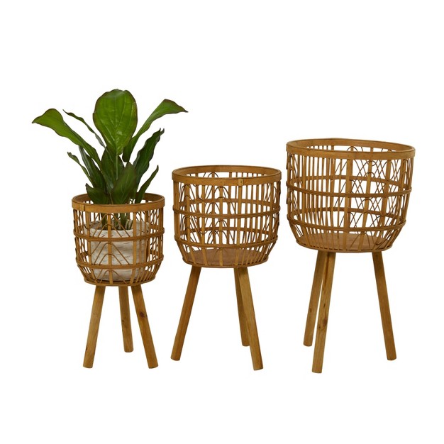 Wide 3pc Planters Bohemian Open Weave Bamboo Pots Brown Cosmoliving By Cosmopolitan