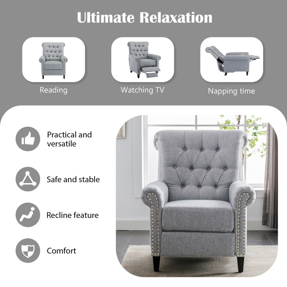 Pushback Linen Tufted Recliner Single Sofa with Nailheads Roll Arm  Adjustable Recliner for Living Room  Bedroom  Office