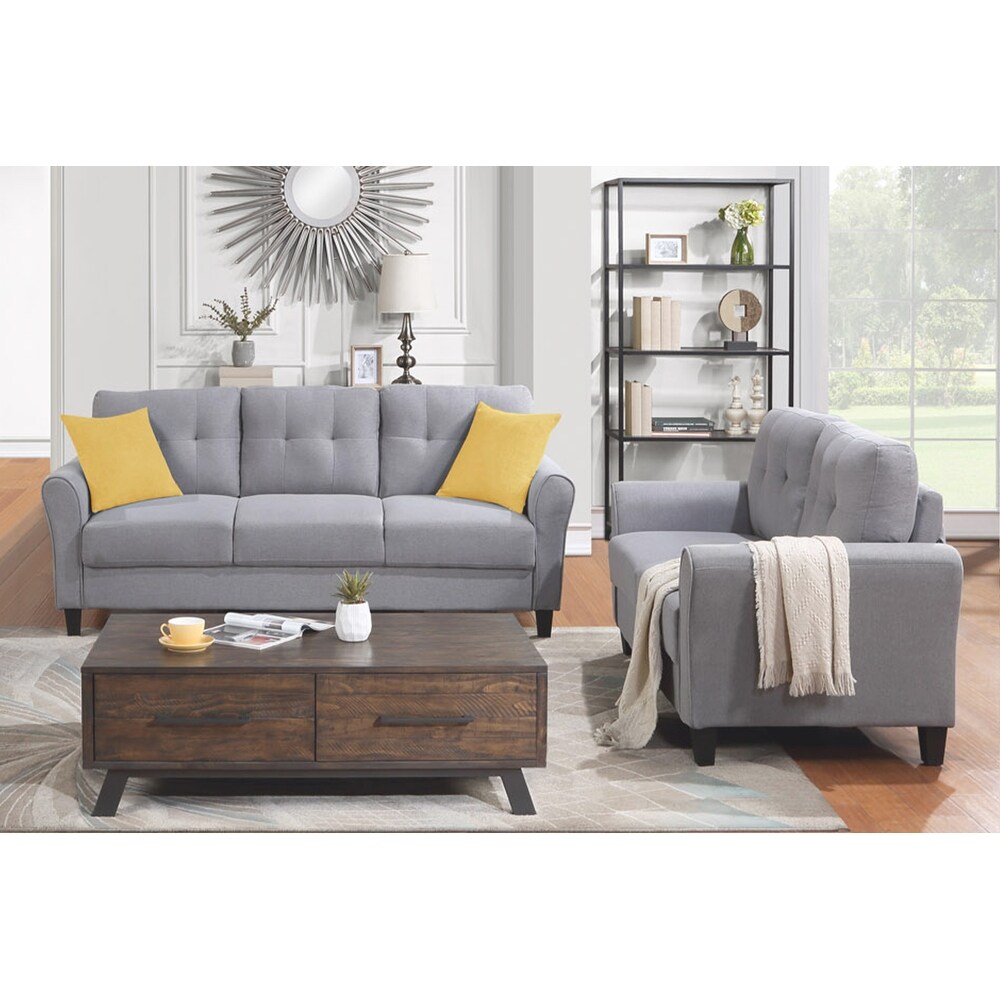 2 Piece Linen Upholstered Sofa Couch Set  Living Room Furniture Button Tufted Loveseat and Sofa Set for Dorm  Office or Studio