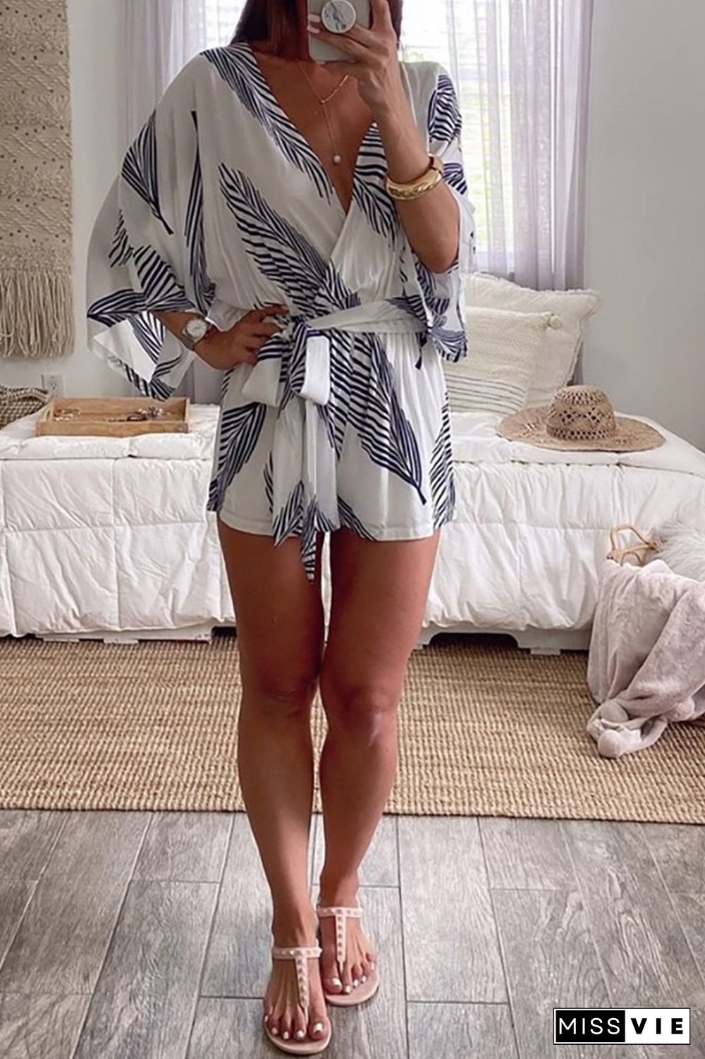 Casual Print Split Joint V Neck Straight Jumpsuits