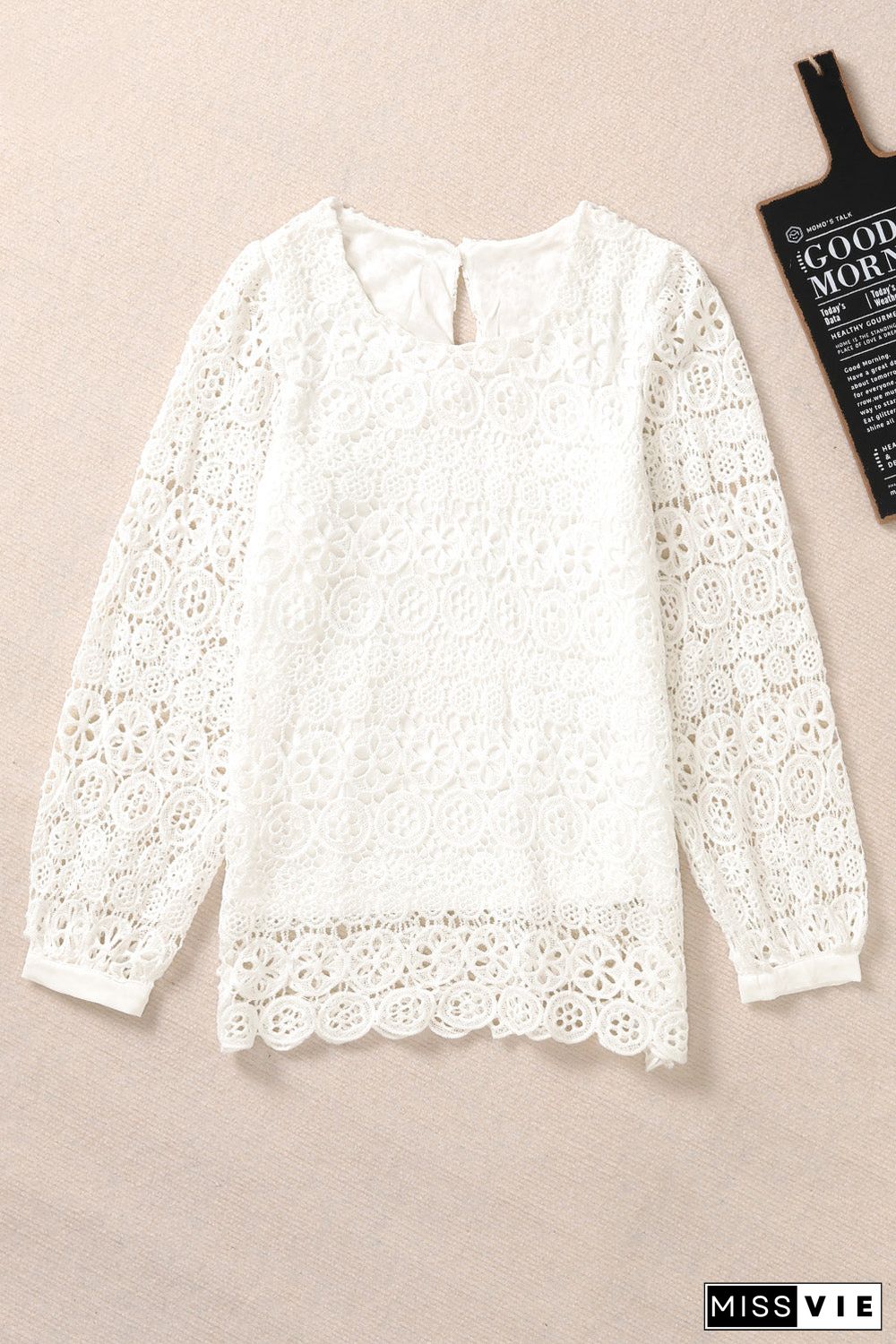 Beige Lace Contrast Hollow-Out Long Sleeve Blouse