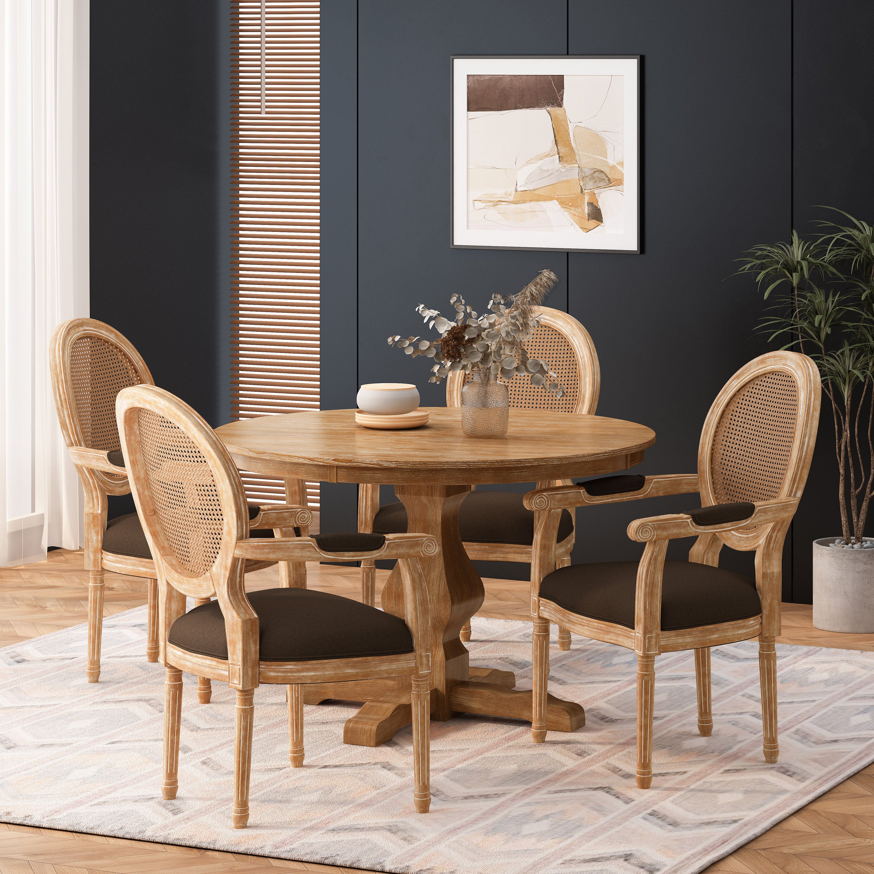 Bryan French Country Fabric Upholstered Wood and Cane 5 Piece Circular Dining Set