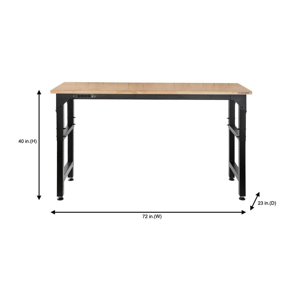 Husky 6 ft. Adjustable Height Solid Wood Top Workbench in Black for Heavy Duty Welded Steel Garage Storage System HTC1000004