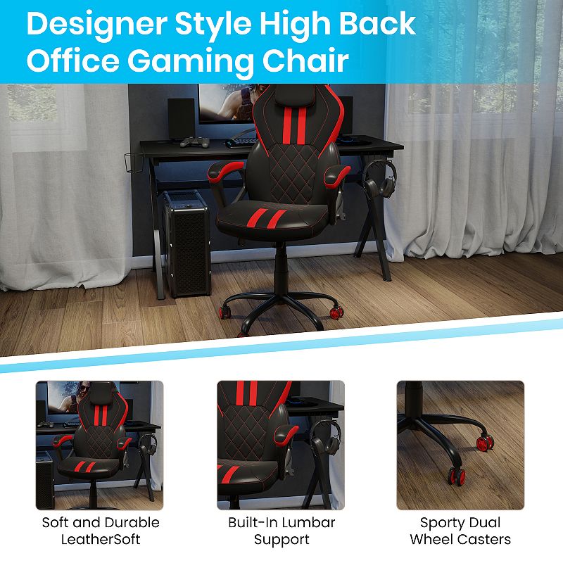 Emma and Oliver Ergonomic High Back Swivel Gaming Chair with Diamond Stitch Black Faux Leather Upholstery with Red Accent Stripes， Padded Arms