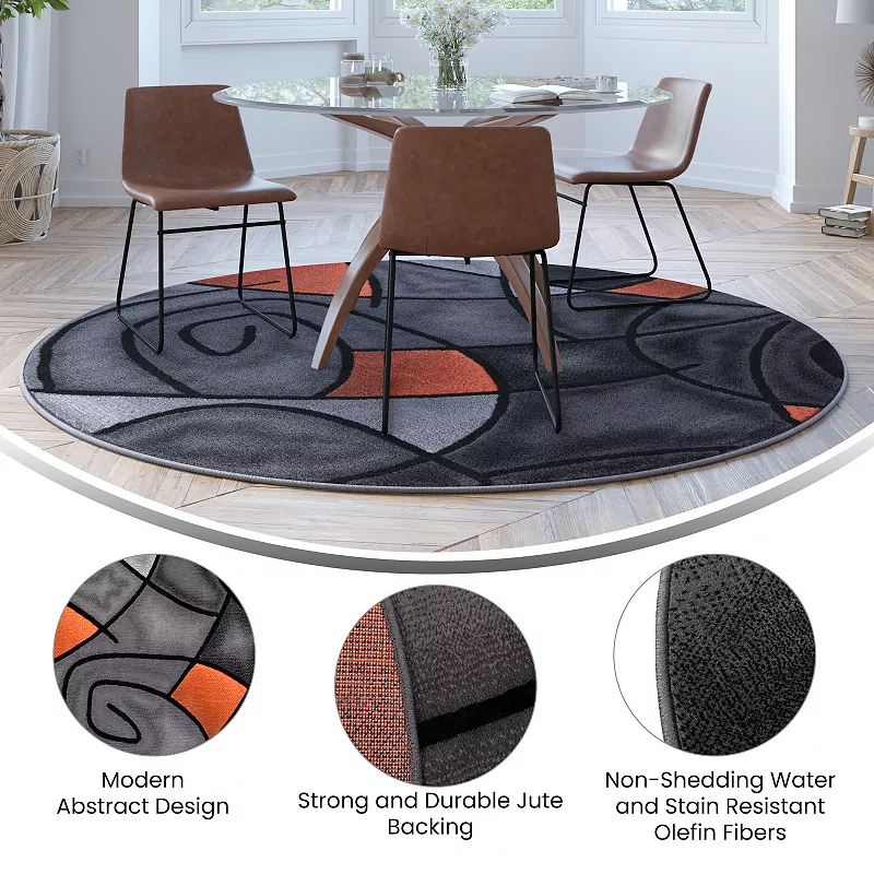 Masada Rugs Masada Rugs Trendz Collection 7'x7' Round Modern Contemporary Round Area Rug in Orange， Gray， and Black